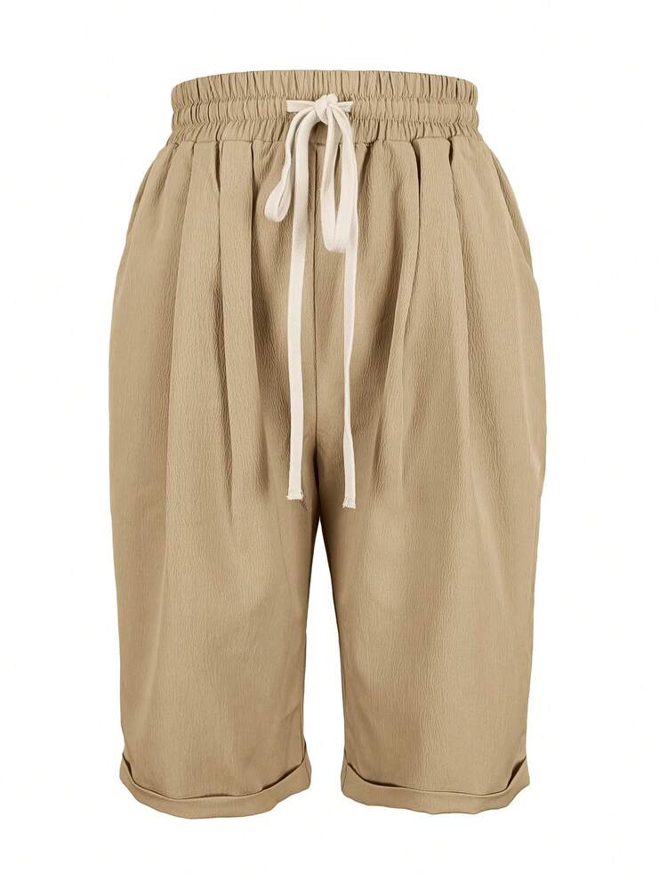 Women's Solid Color Drawstring Waist Pocket Casual Bermuda Shorts Summer - Khaki - View 3