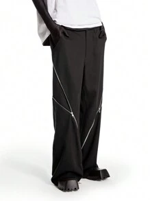 Manfinity VCAY Calça Casual Masculina 100% Algodão Tecido Liso com Cintura Média, Perna Reta e Larga em Estilo Urbano, Adequada para Uso Diário na Primavera e Verão - Preto - Visão 7