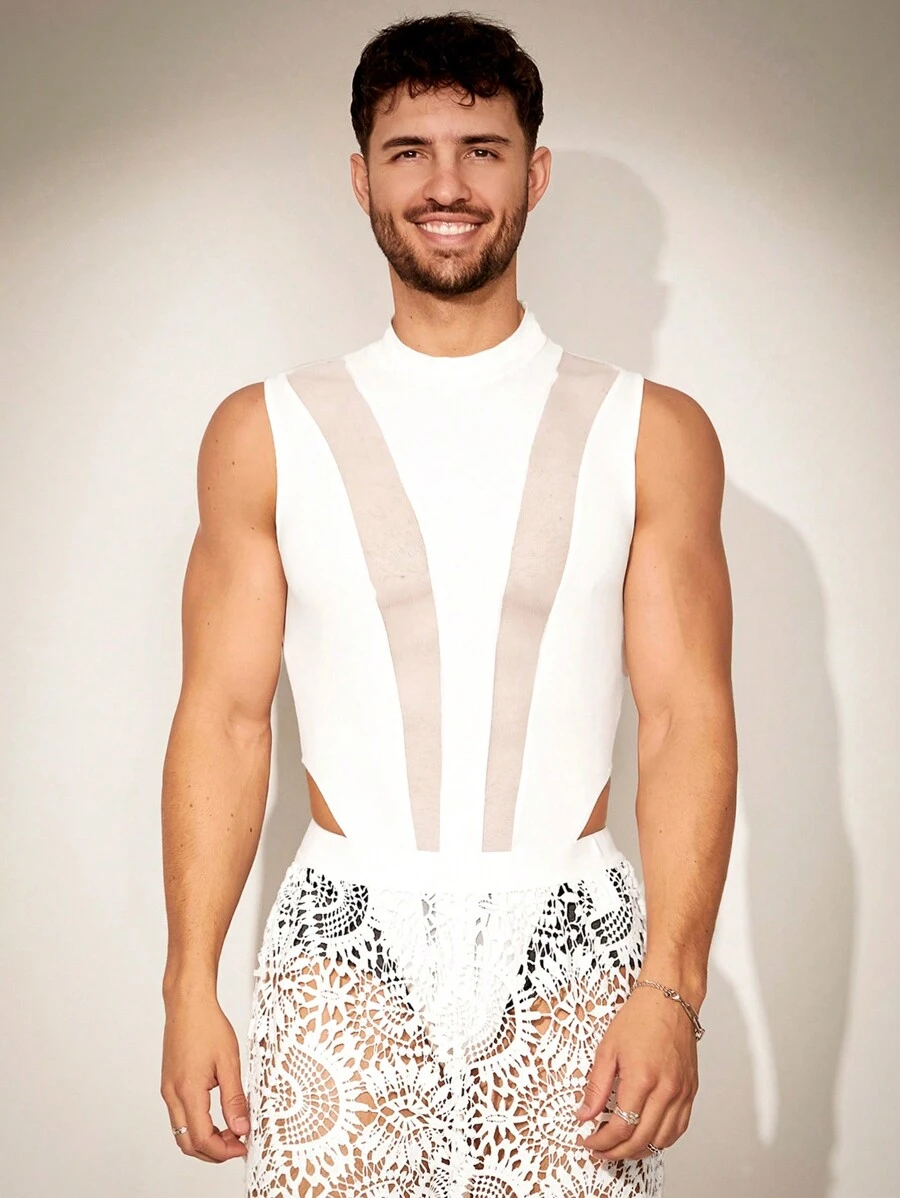 FeverCity Men's Summer Mesh Panel Solid Color See-Through Sleeveless Bodysuit - White - View 1