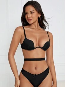 Plain Underwire Bra With 1pc Strap - Black - View 3