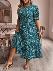 SHEIN VCAY Plus Size Boho Vacation Leisure Puff Sleeve Ditsy Floral Long Dress With Cinched Waist, For Summer,Beach Dress Sundress,Holiday Outfits