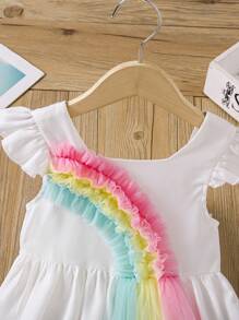 SHEIN Young Girl's Colorful Mesh Rainbow Pattern Cap Sleeve Dress, Summer Vacation Rainbow Dress For Young Girl
