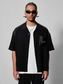 PAVTROS Manfinity Streetrush Men's Loose Fit Short Sleeve Casual Shirt With Alphabet Pattern, Summer - Black - View 7