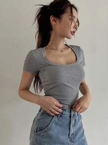 DAZY Women Summer Solid Color Square Neck Slim Short Sleeve T-Shirt