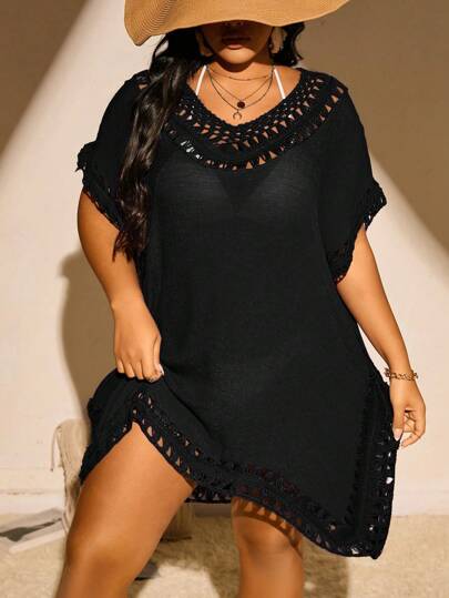 Swim Basics Plus Size Hollow Out Batwing Sleeve Cover Up Dress Without Bikini Summer
