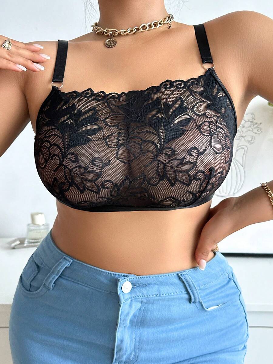 Seduluxe Áo ngực ren hoa cỡ lớn gợi cảm không dây 1 mảnh cho nữ - màu đen - Xem 1