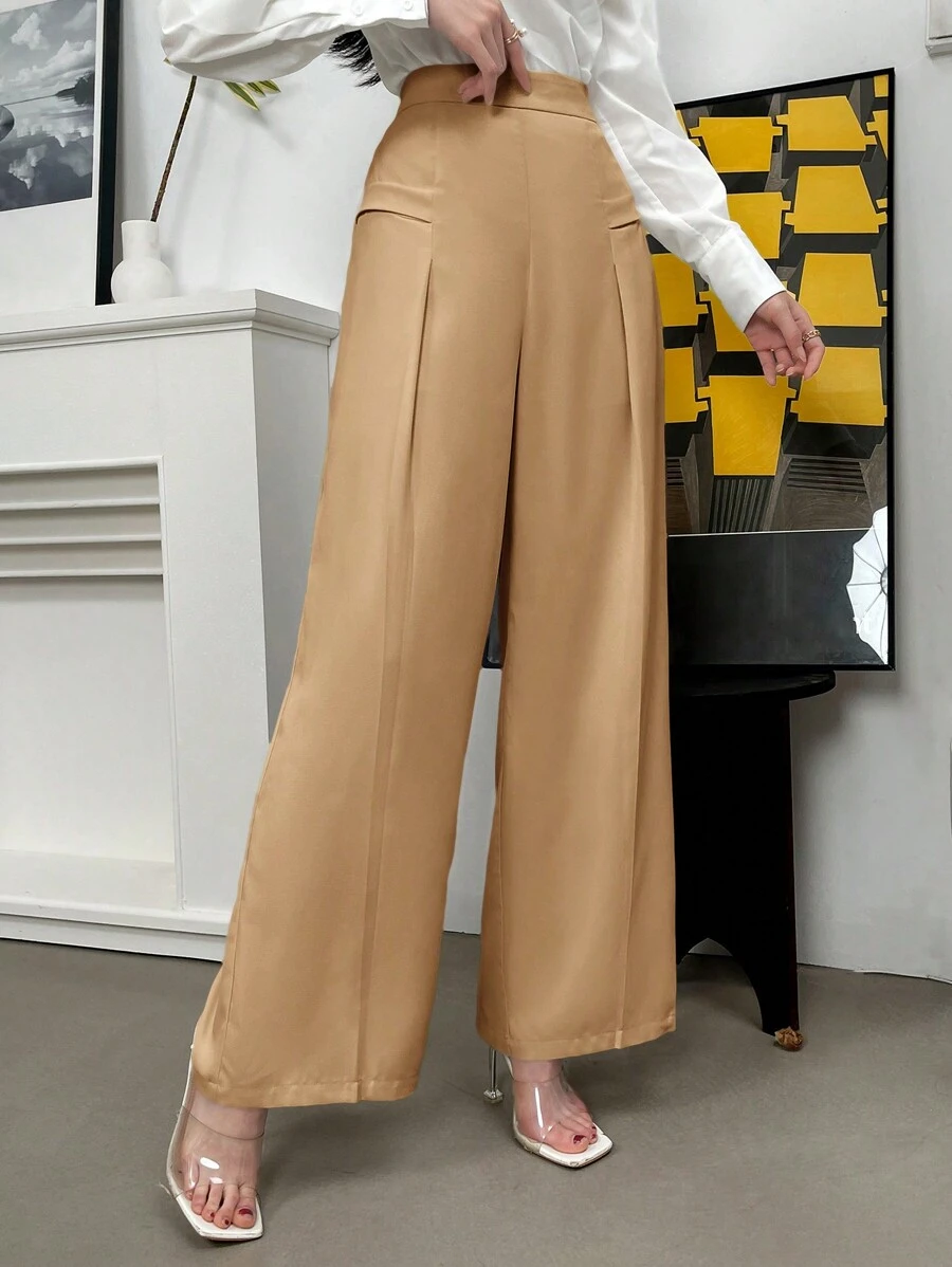 Modelyn Women's Solid Color Wide Leg Loose Pleated Daily Commute Long Pants - Camel - View 1