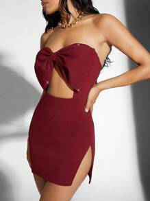 Hauture Big Bow Gem Trim Cut Out Side Slit Mini Dress - Burgundy - View 6