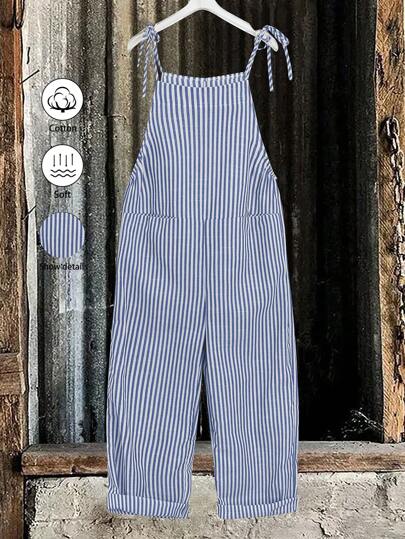 EMERY ROSE Striped Sleeveless Jumpsuit With Front Middle Pockets And Tie Belt, Summer
