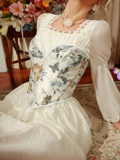 FloralLove Women's Floral Printed Corset Top, Elegant Bodice Bountiful Floral Splendor