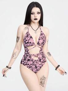ROMWE Goth 骷髏印花露背連體泳衣 - 粉色 - 查看 6