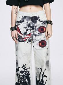 ROMWE Grunge Punk Quần Jeans Ống Rộng In Hình Đầu Lâu Cho Nữ, Quần Thường Ngày, Đi Học - Nhiều màu - Xem 6