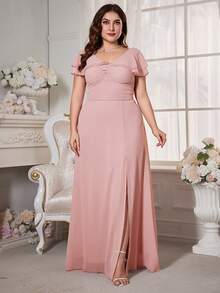 Plus Size Pink With V-Neck And Ruffle Trim Chiffon Bridesmaid Dress - Pink - View 4