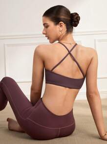 SHEIN Sports Women's Solid Color Back Cross Daily Fitness Sports Bra - Blue - View 1