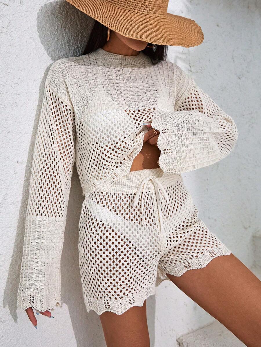 EURMUSE Hollow Out Short & Knit Top Cover Up Set, For Summer Beach Vacation - Beige - View 1