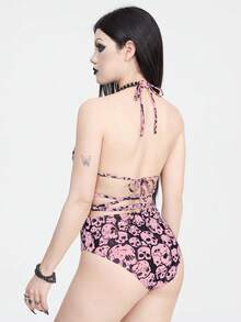 ROMWE Goth 骷髏印花露背連體泳衣 - 粉色 - 查看 2