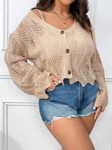 Calvaya Plus V Neck Solid Scallop Knit Drop Shoulder Cardigan - Dusty Pink - View 6