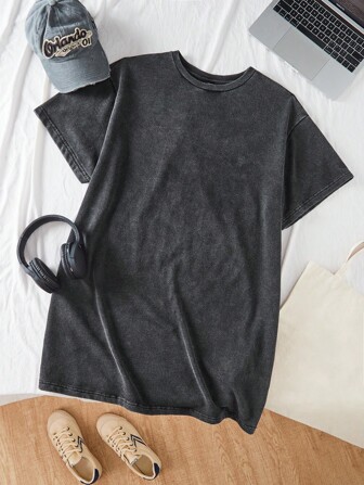 Comfortcana Plusstorlek damklänning med lös passform, syratvättad vintage-t-shirt, mångsidig för vardagsbruk, skolstart, sommar till tidig höst