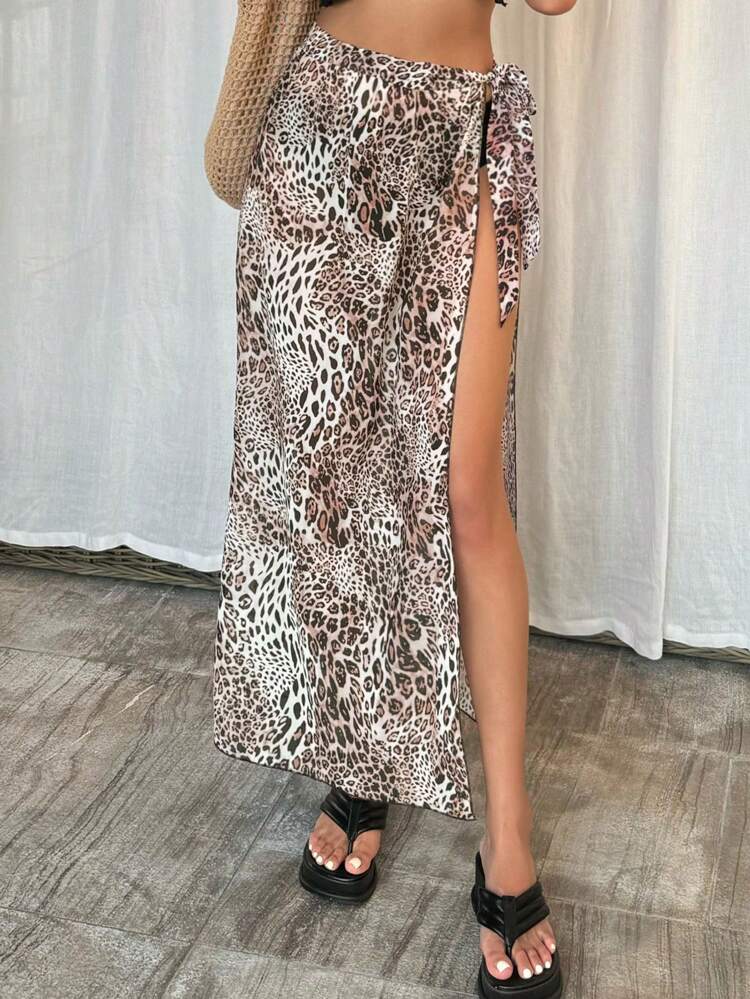 Leopard Print Split Thigh Cover Up Skirt Summer