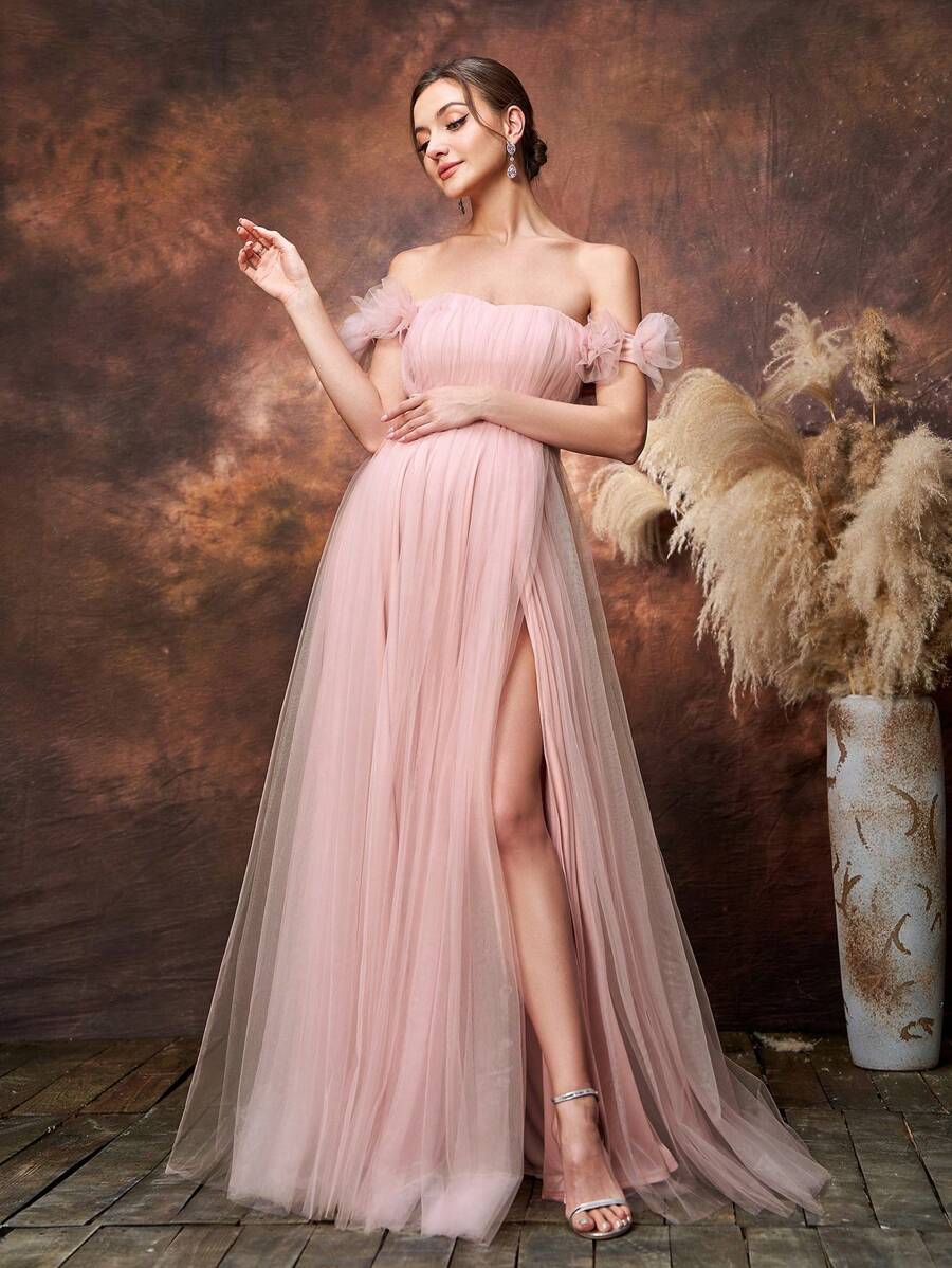 Faeriesty Vestido elegante de tul con hombros descubiertos, abertura alta y detalles de volantes de Dressalisa para baby shower y celebraciones formales | Vestidos de invitada de boda, galas de noche, eventos de etiqueta negra, atuendo para ceremonias de premios - Rosa vieja - Ver 1