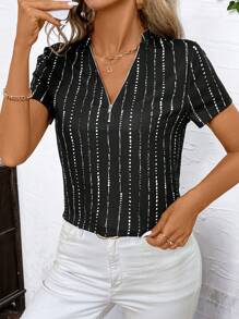 SHEIN Clasi Half-Zip Striped Short Sleeve Casual T-Shirt For Women, Summer - Black - View 4