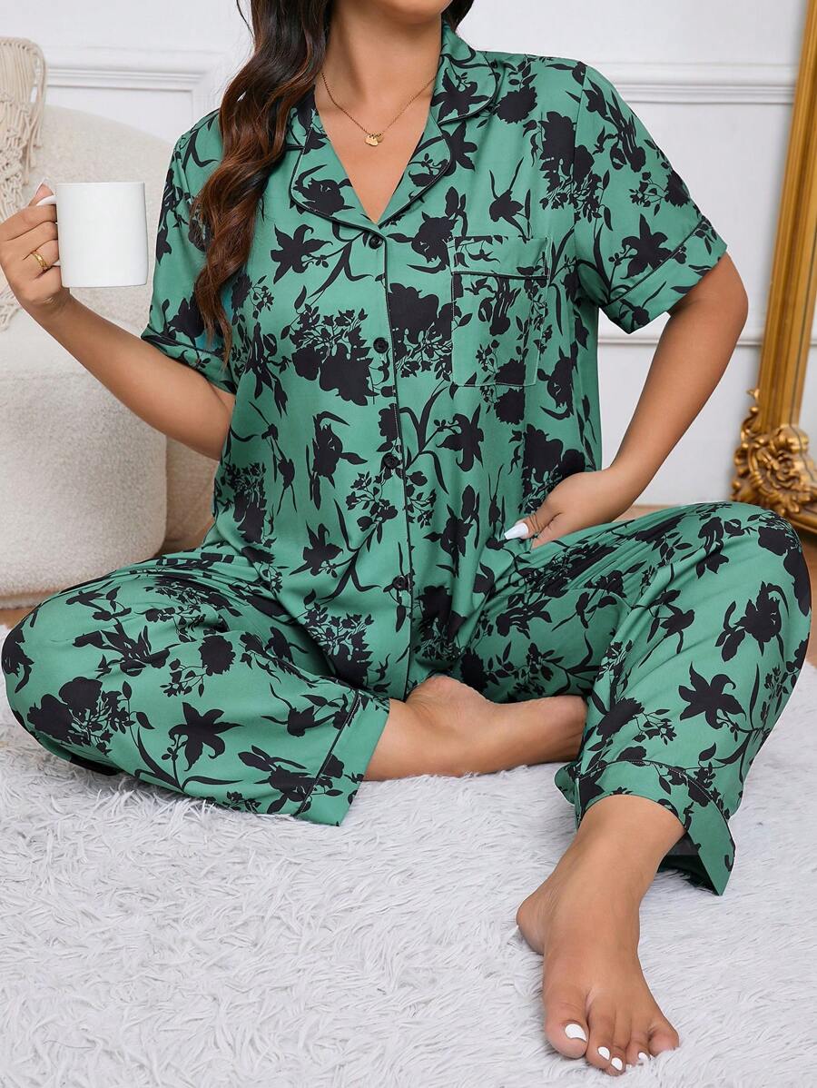 Printed Short Sleeve Top And Long Pants Pajama Set, Plus Size, With Collar And Front Opening - Green - View 1