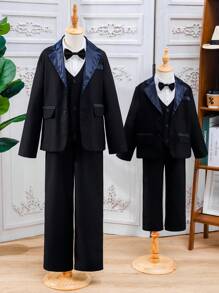 Young Boy Bow Tie Decorated Shirt + V-Neck Vest + Button-Down Long Sleeve Blazer + Suit Trousers Formal Outfit Set - Black - View 3