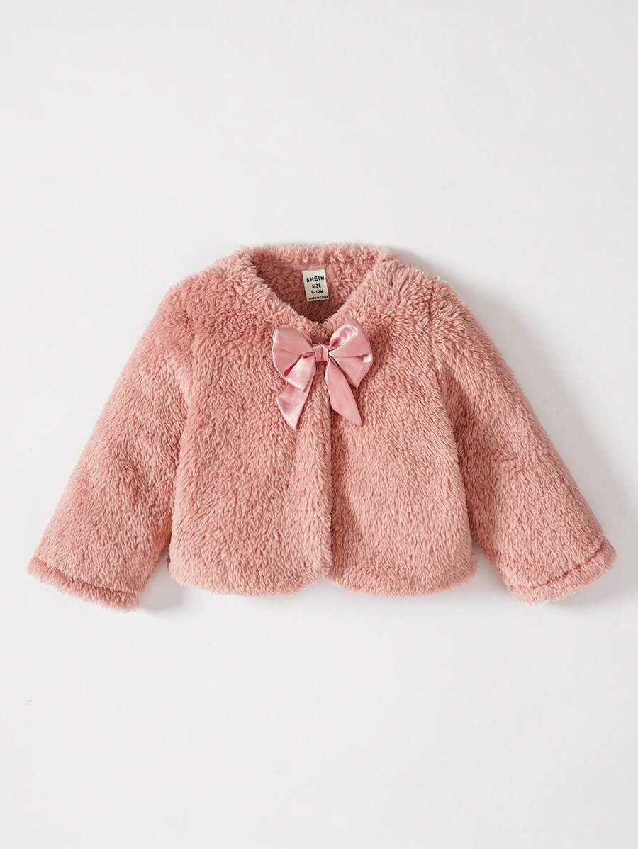 SHEIN Playful Pals Cardigan en peluche chaud et élégant pour bébé fille, parfait pour l'extérieur, l'automne et l'hiver - Vieux Rose - Voir 1