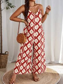 Breezaya Plus Size Vacation Leisure Random Printed Wide Leg Jumpsuit With Shoulder Straps