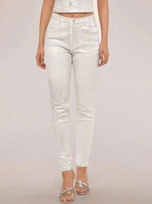 Forever 21 Quần jean nữ có họa tiết kim loại có túi sành điệu - trắng - Xem 4