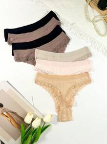 7packs Lace Trim Bow Front Sexy Thongs - Multicolor - View 2