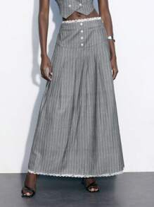 Maija Falda A-Line casual y vintage con volantes en el dobladillo, parches de encaje y rayas grises para mujer, primavera verano