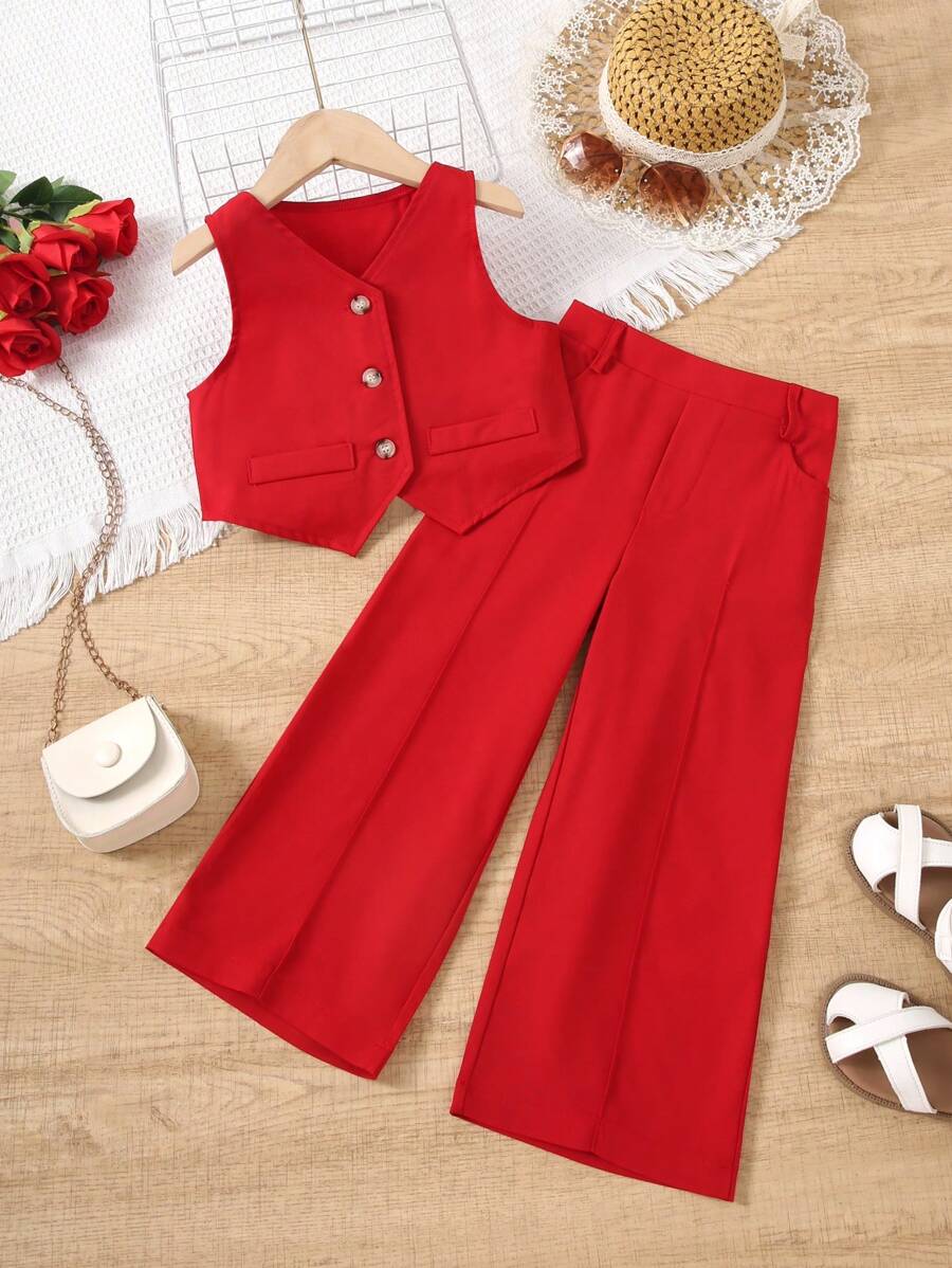 Young Girls Button Front Vest Jacket & Wide Leg Pants - Red - View 1