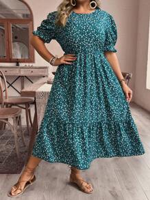 SHEIN VCAY Plus Size Boho Vacation Leisure Puff Sleeve Ditsy Floral Long Dress With Cinched Waist, For Summer,Beach Dress Sundress,Holiday Outfits