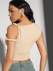 Denimoi Solid Twist Asymmetric Ruched Crop Top - Apricot - View 3
