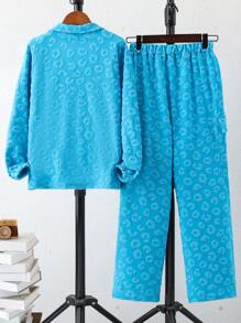 SHEIN Tween Boys Leopard Jacquard Lapel Neck Shirt & Pants For Spring & Autumn - Blue - View 2