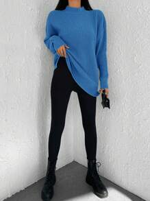 SHEIN Cottnline Suéter De Hombros Caídos Con Cuello Alto De Color Liso - Azul - Ver 5