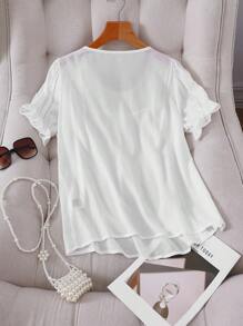Chiquease Áo Sơ Mi Nữ Tay Ngắn Cổ Tròn Màu Trơn Có Viền Ruffle, Mùa Hè - trắng - Xem 2