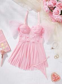 Appliques Lưới Underwire Babydoll Đồ lót gợi cảm có thông - Hồng - Xem 6