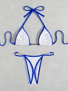 Swim Vcay SHEIN X Hangout Fest Women's Summer Beach Bikini Set With Package Edge, Halter Halter, Sexy Two-Piece Bikini Set With Micro Triangle