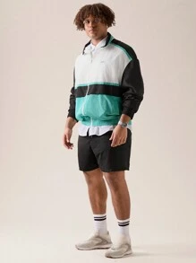 Manfinity VCAY 2pcs Men's Plus Size Casual Woven Patchwork Stand Collar Zipper Jacket And Straight Shorts Set, Suitable For Spring And Summer Back To School, For Fall Winter - Blue - View 9