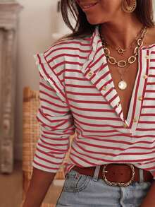 Women's Red Striped Print Ruffled Buttoned Long Sleeve Top - Red - View 4