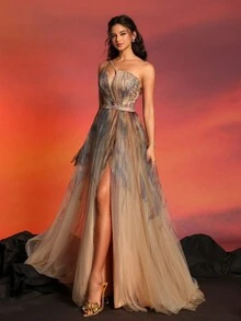 Asymmetrical Neck A-Line Floor-Length Floral Tulle Evening Dress With High Slit, Gown Elegant Formal Prom Wedding Guest Dress, For Graduation, Dinner Party Dress - Apricot - View 8