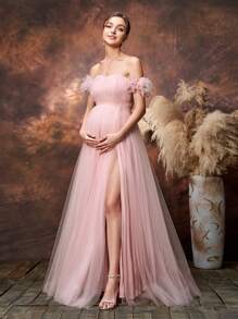 Faeriesty Vestido elegante de tul con hombros descubiertos, abertura alta y detalles de volantes de Dressalisa para baby shower y celebraciones formales | Vestidos de invitada de boda, galas de noche, eventos de etiqueta negra, atuendo para ceremonias de premios - Rosa vieja - Ver 5