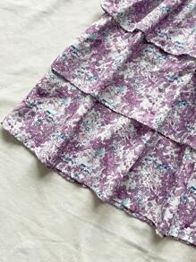 Soleia WYWH Dames Vakantie Vakantie Paarse Bloemen Schouderband Strik Taartjurk Ditsy Bloemen Vierkante Hals Gelaagde Taartjurk, Romantische Bruiloft Seizoen Outfit, Afternoon Tea Outfit, Schattige Jurk