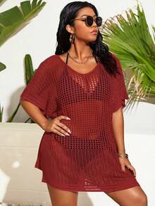 SHEIN Swim Curve Vestido cubre con tejido calado para tallas grandes, ideal para el verano - Burdeos - Ver 4