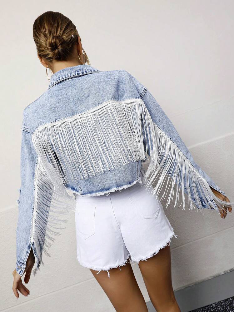 SHEIN Frenchy Fringe Raw Hem Button Front Crop Denim Jacket Winter Casual - Light Wash - View 2