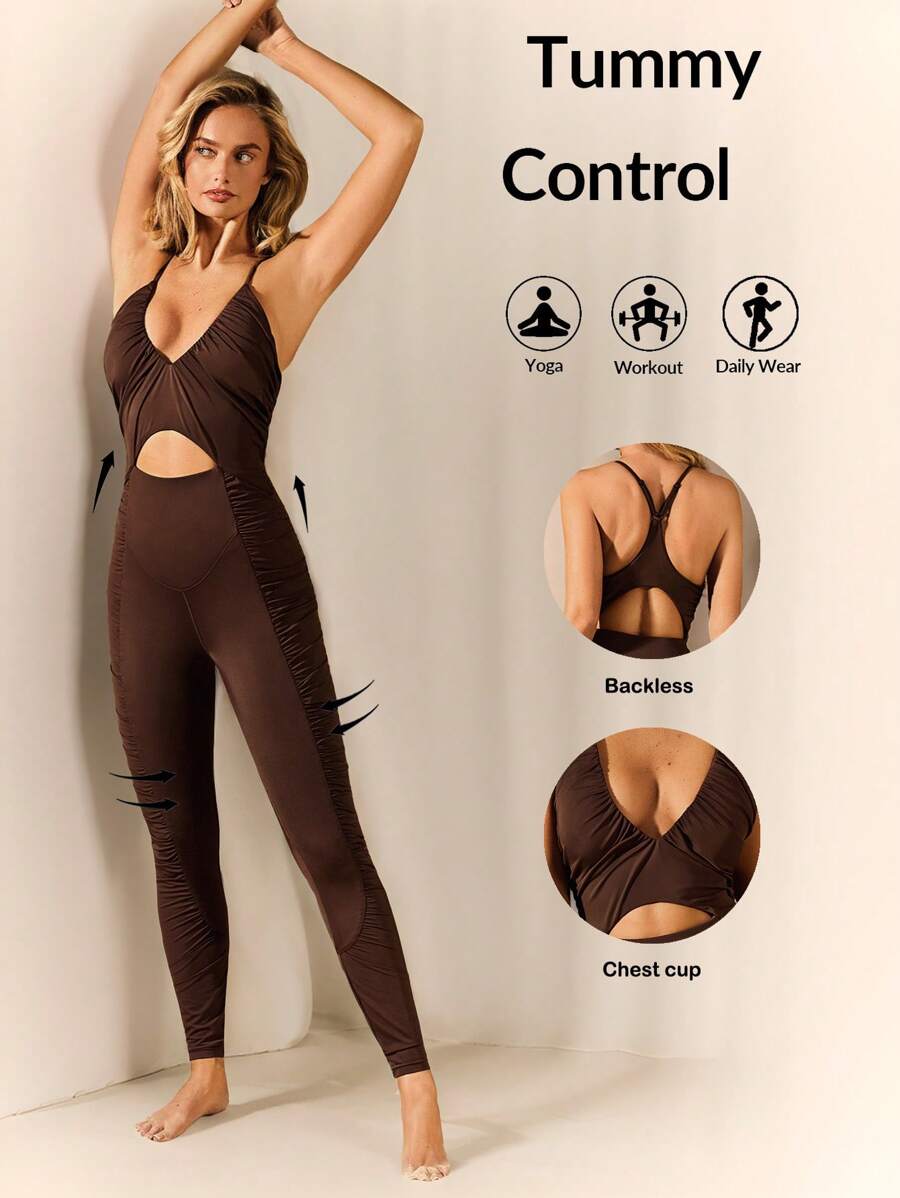 VARSITIE Sports Summer Yoga Basic Ruched&Chest Cup    With  JUMPSUIT - Brown - View 1