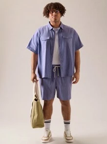 Manfinity VCAY 2入組加大尺碼男式寬鬆下垂肩純色短袖上衣和直筒腰短褲，夏季款 - 紫色 - 查看 4