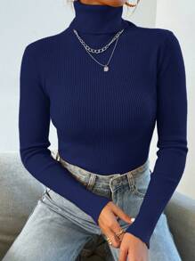 Mulvari Turtleneck Ribbed Knit Sweater Without Necklace For Autumn & Winter,Long Sleeve Tops, Knit Pullover Fall - Royal Blue - View 6